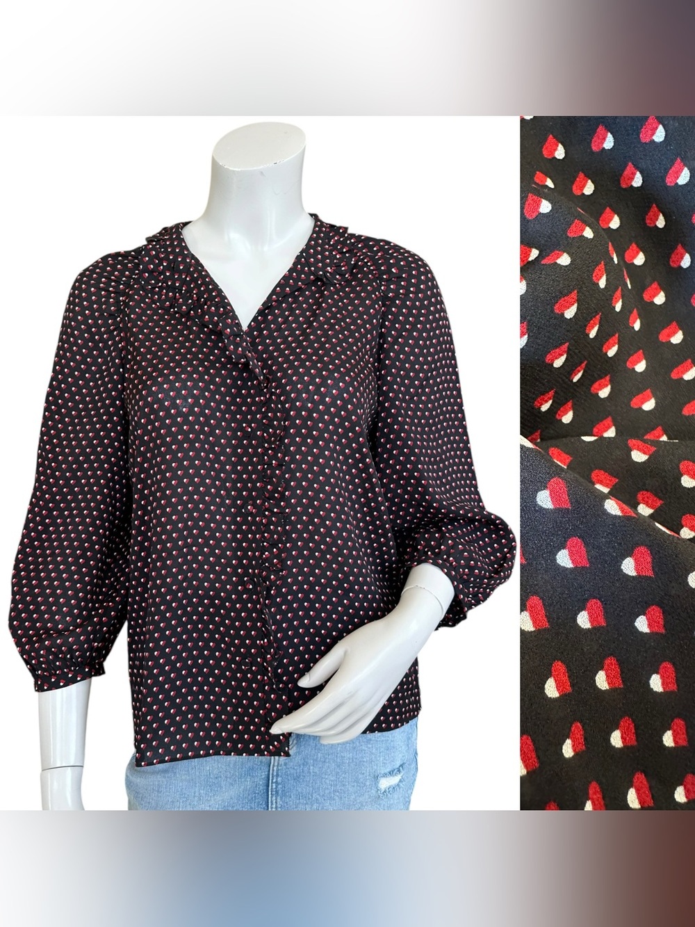 Frame 100% Silk Black & Red Heart Print “Grace” Collared Ruffle Blouse Small